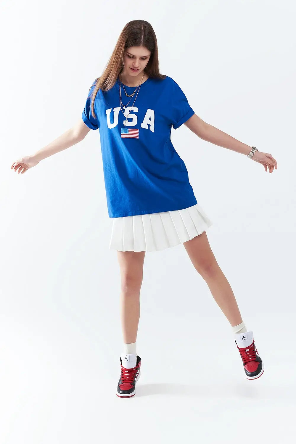 Blue loose long t-shirt with USA logo - One Size / Blue - Tops