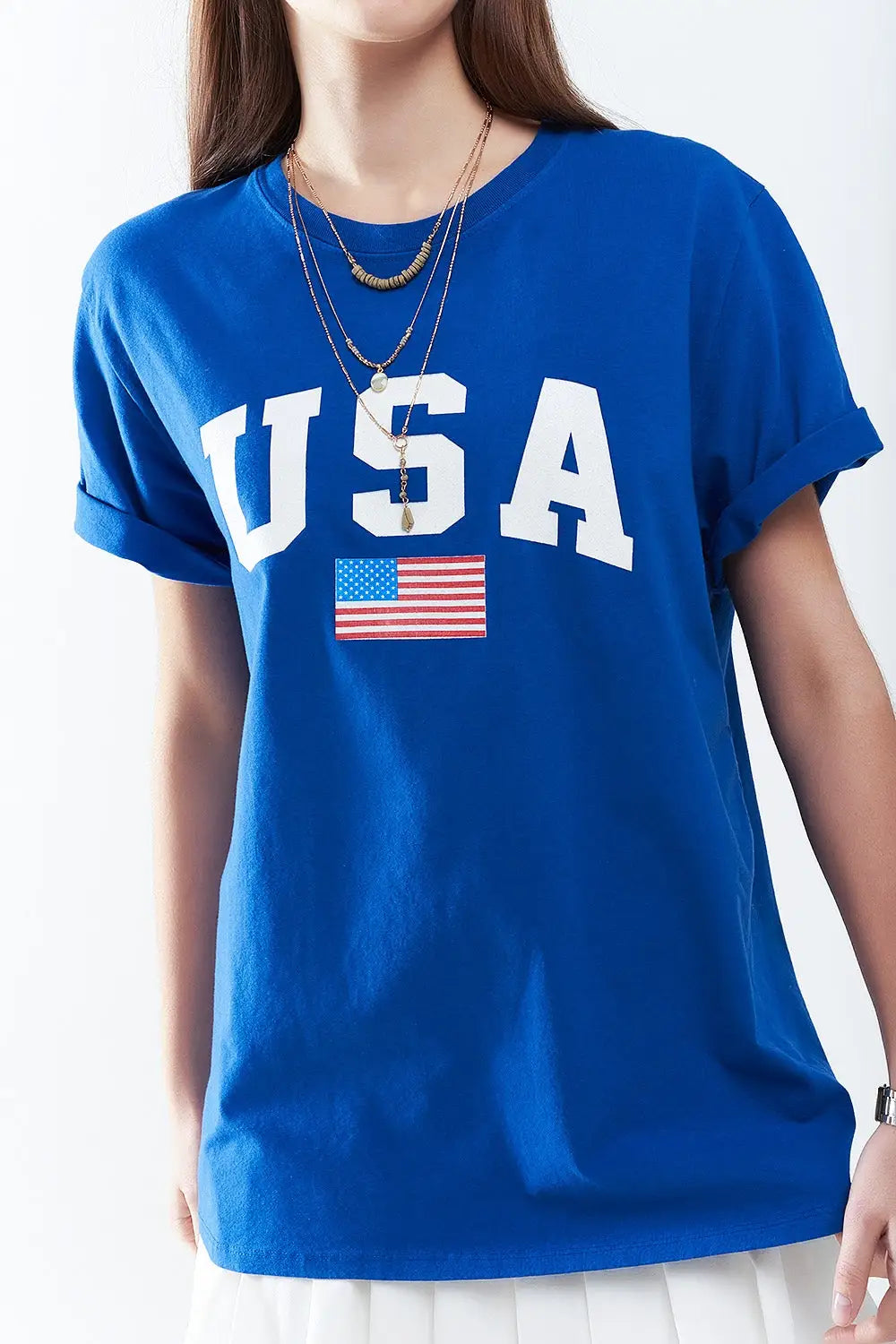 Blue loose long t-shirt with USA logo - One Size / Blue - Tops