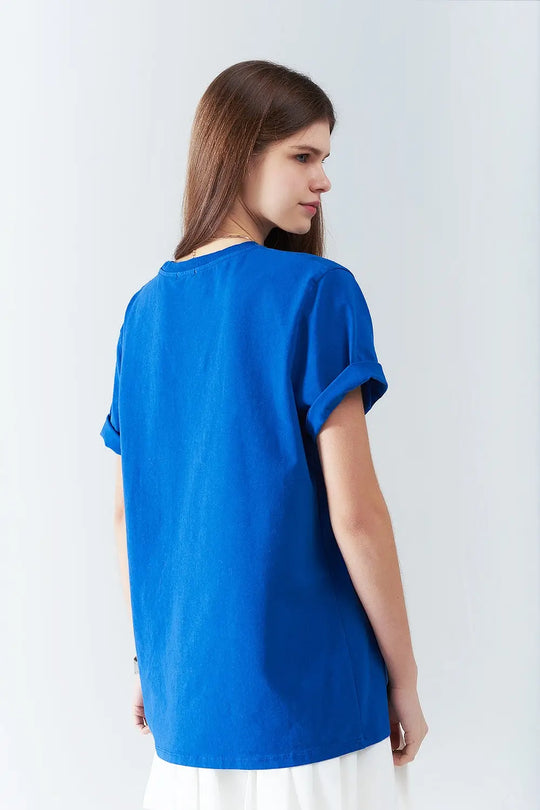 Blue loose long t-shirt with USA logo - One Size / Blue - Tops