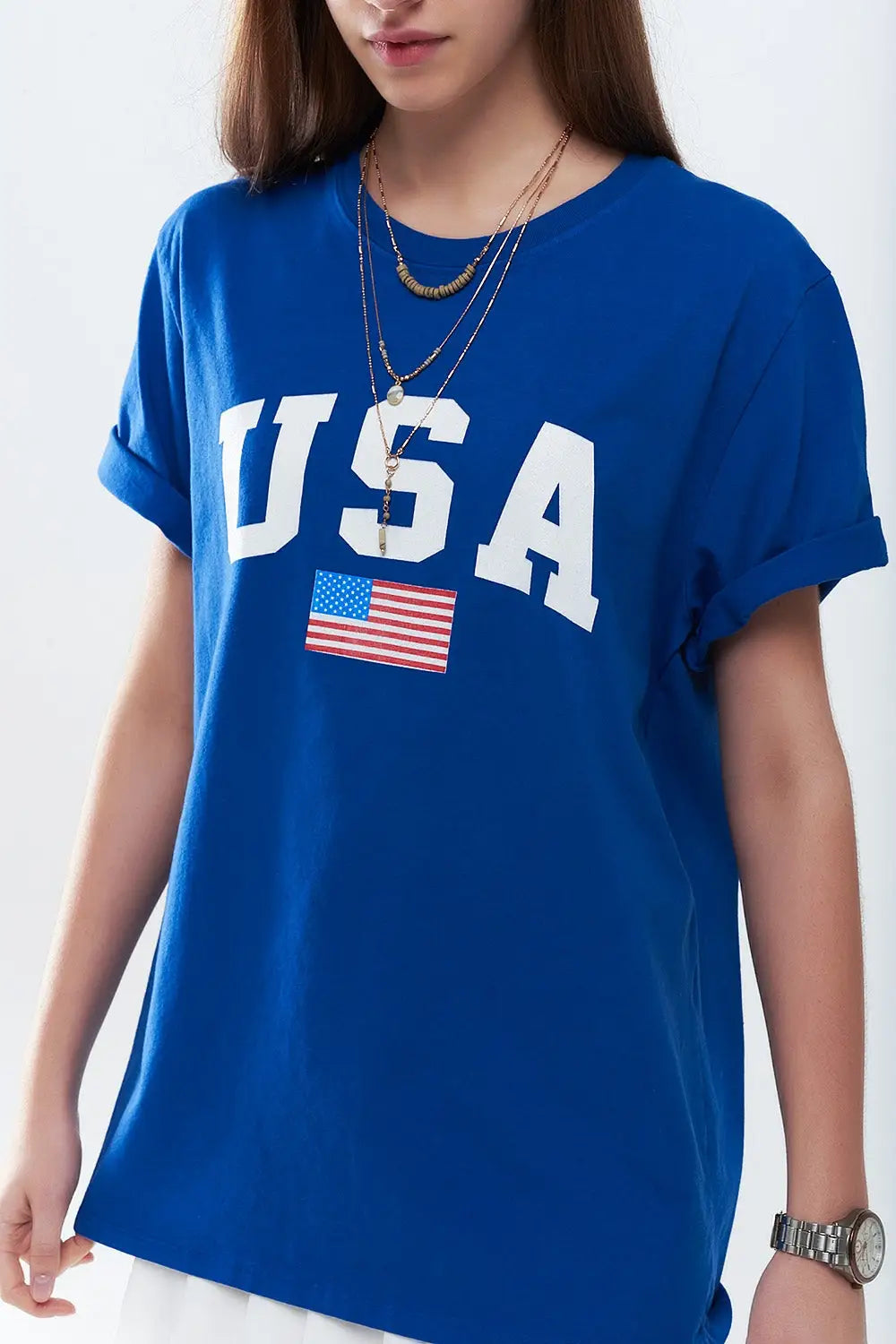 Q2 Blue loose long t-shirt with USA logo