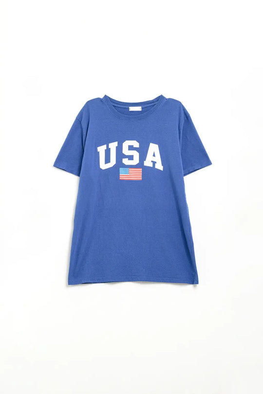 Blue loose long t-shirt with USA logo - One Size / Blue - Tops