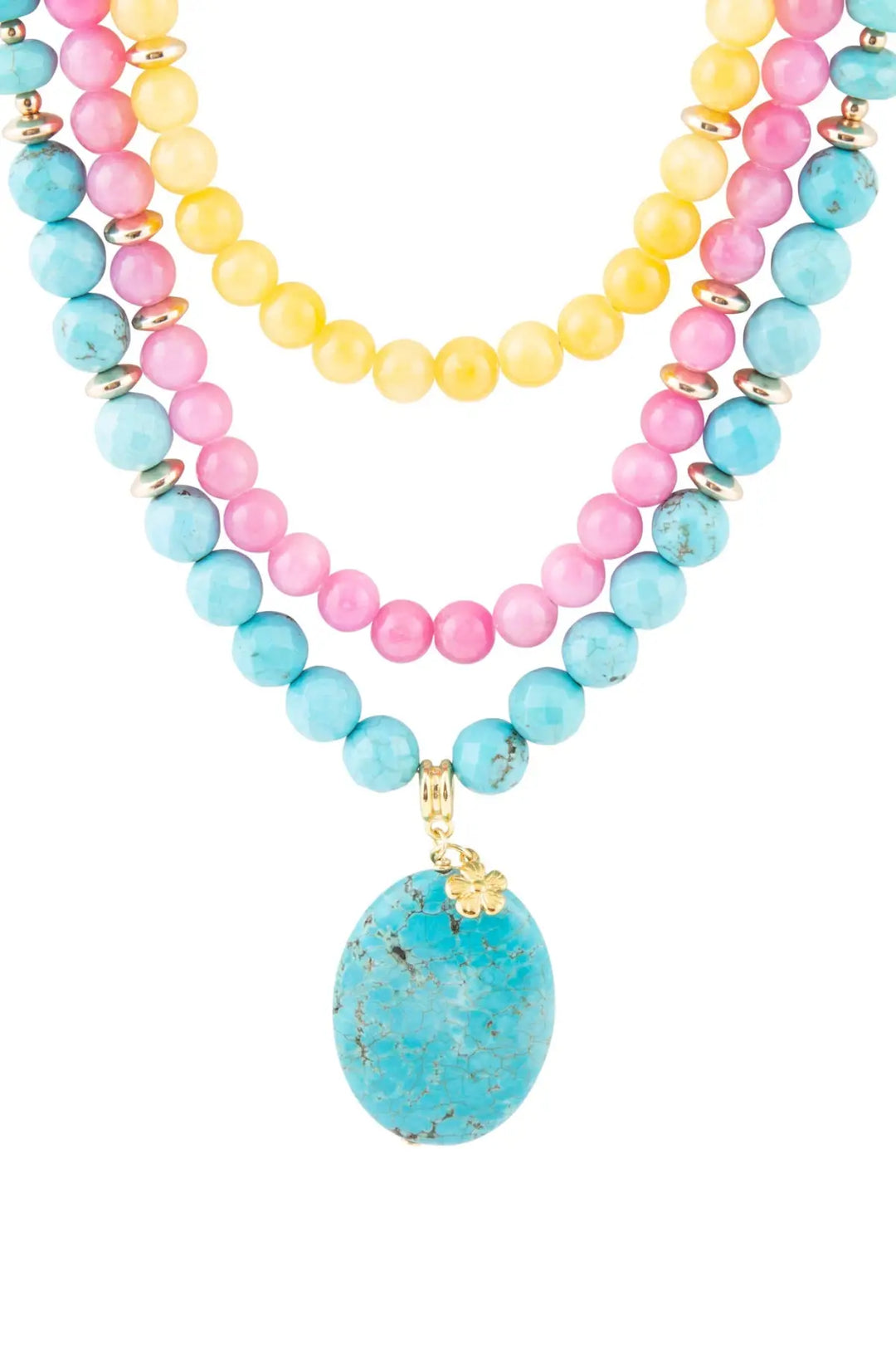 St. Augustine Pink Agate and Blue Turquoise Golden Pendant Necklace - Necklace