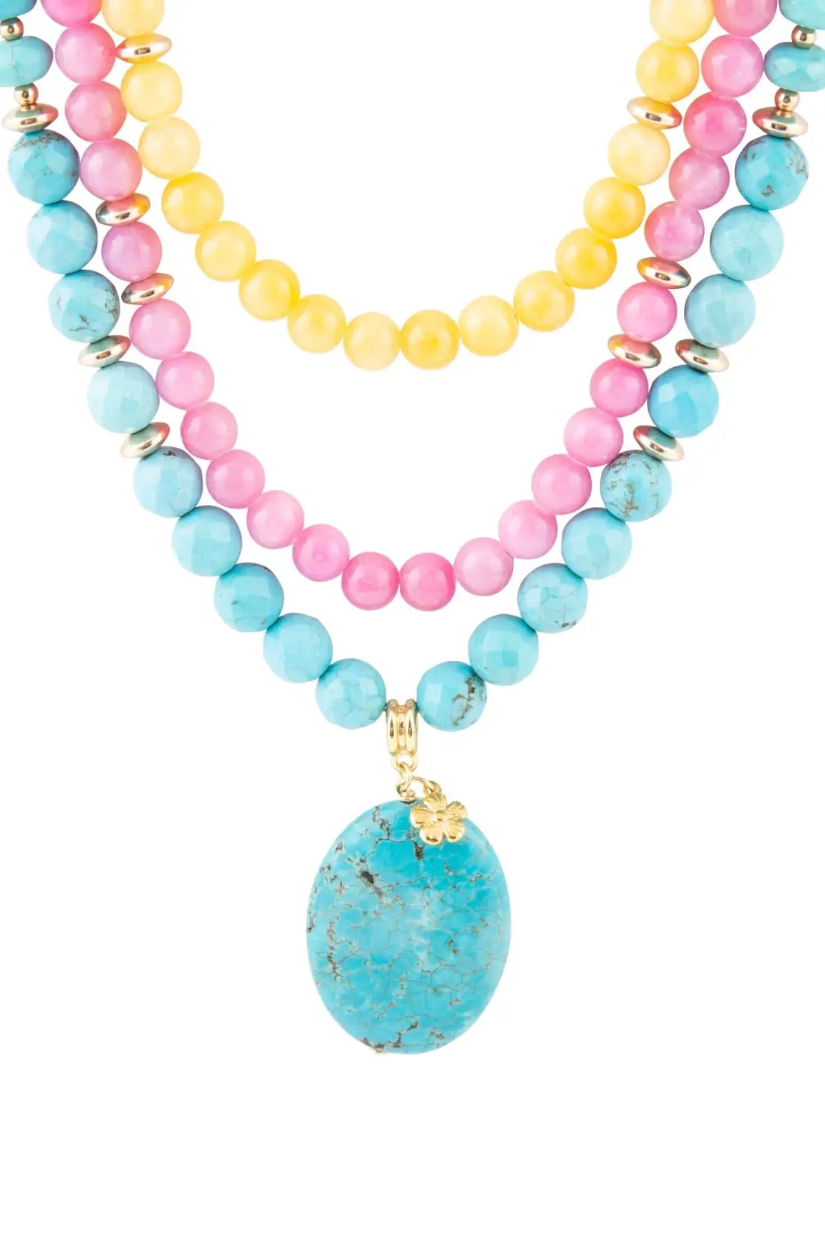 St. Augustine Pink Agate and Blue Turquoise Golden Pendant Necklace - Necklace