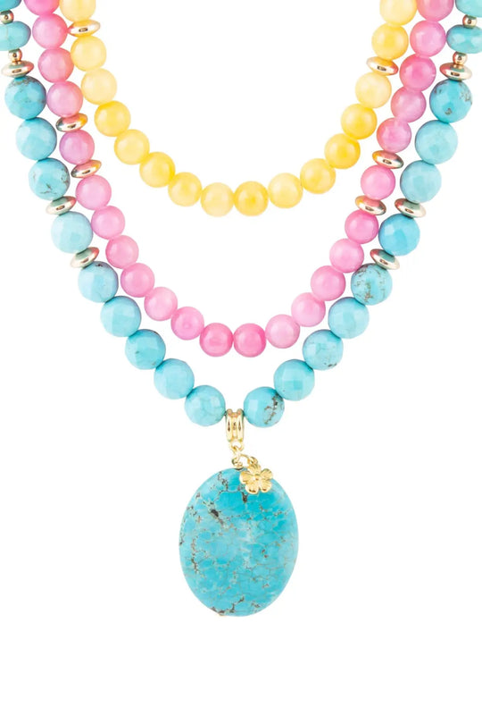 St. Augustine Pink Agate and Blue Turquoise Golden Pendant Necklace - Necklace