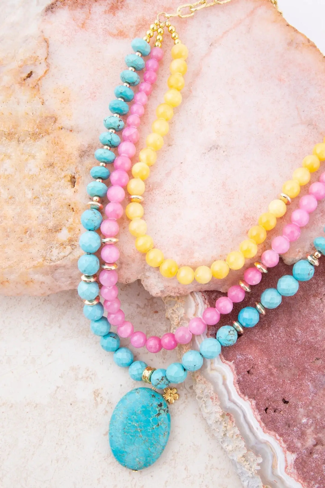 St. Augustine Pink Agate and Blue Turquoise Golden Pendant Necklace - Necklace
