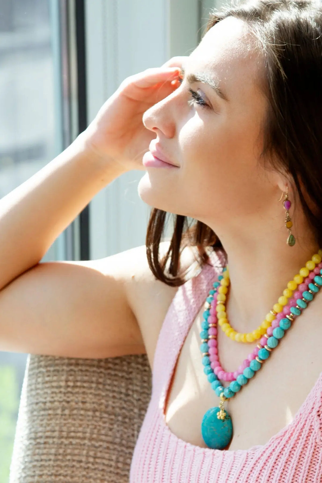 St. Augustine Pink Agate and Blue Turquoise Golden Pendant Necklace - Necklace
