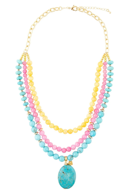 St. Augustine Pink Agate and Blue Turquoise Golden Pendant Necklace - Necklace