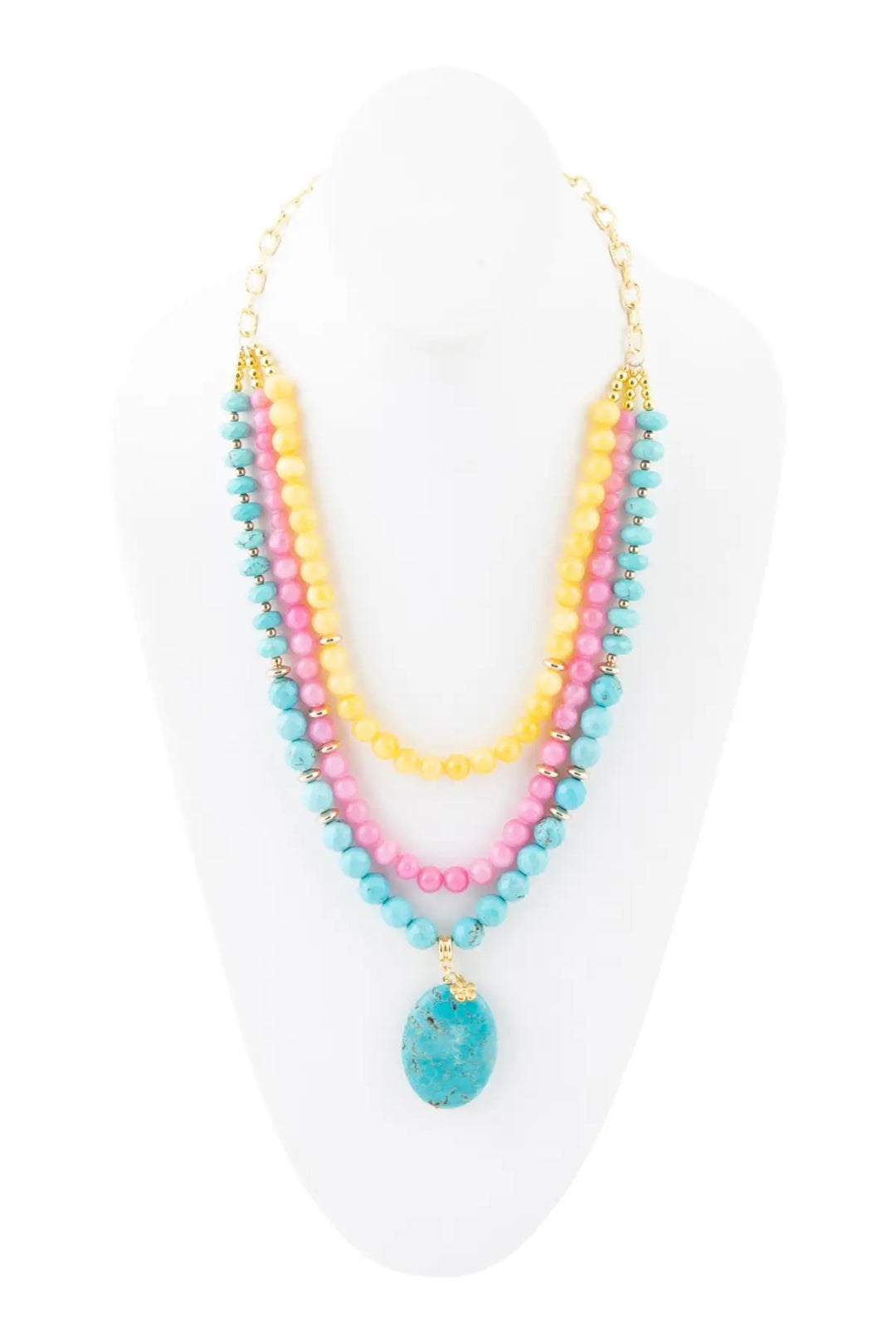 St. Augustine Pink Agate and Blue Turquoise Golden Pendant Necklace - Necklace