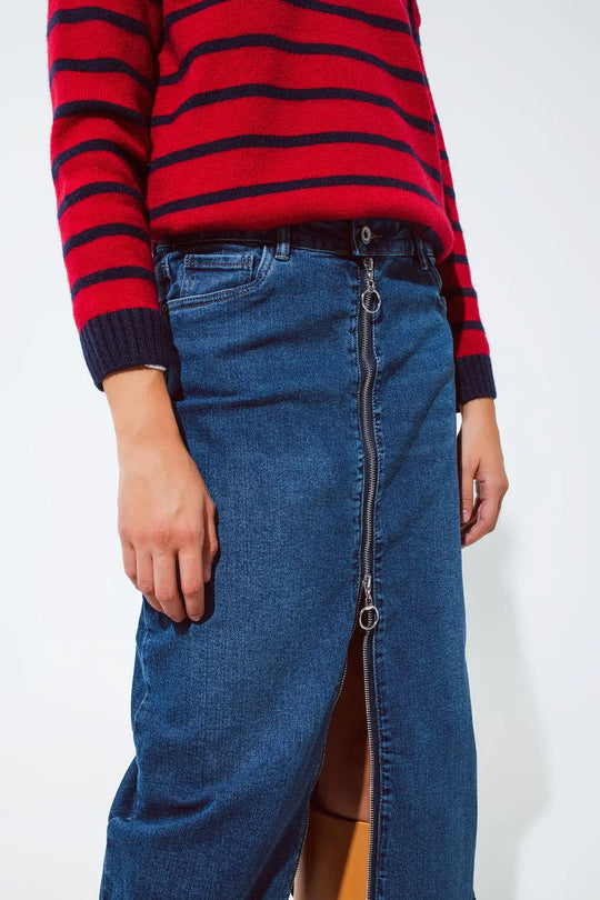 Blue maxi demin skirt with a long zipper chunky zipper down the front in Medium wash - Skirts