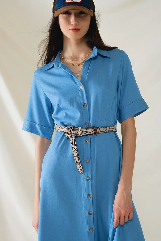 Blue Maxi Shirt Dress With Polo Collar - Dresses