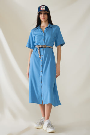 Q2 Blue Maxi Shirt Dress With Polo Collar