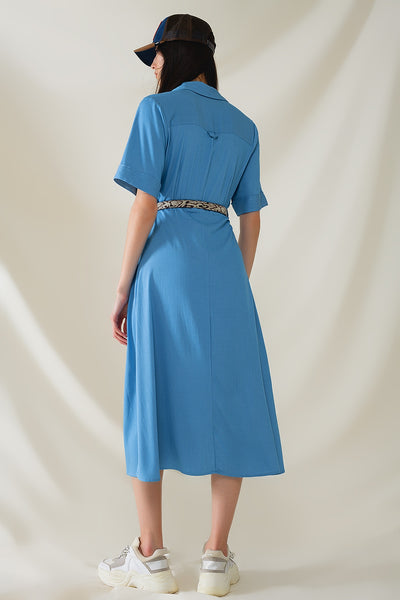 Blue Maxi Shirt Dress With Polo Collar