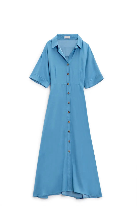 Blue Maxi Shirt Dress With Polo Collar - Dresses