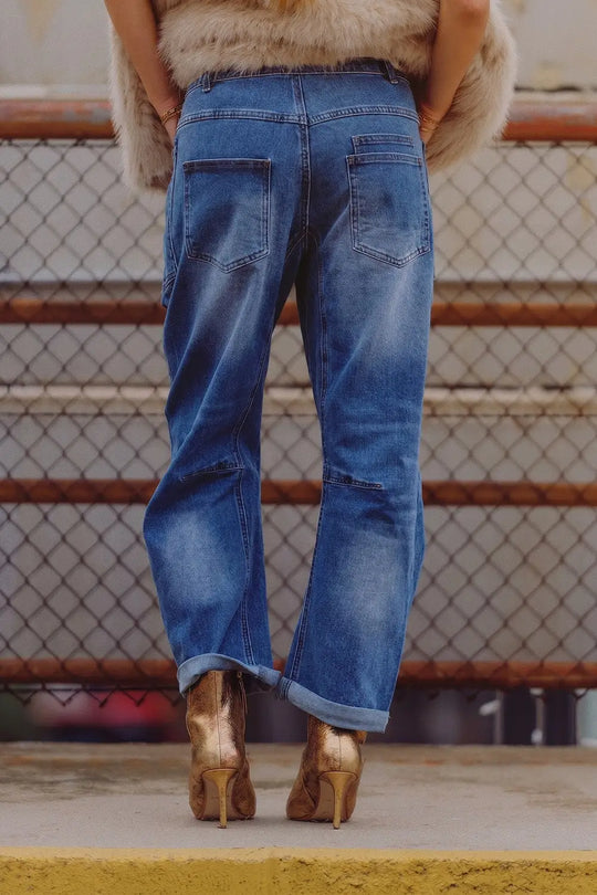 Blue Mid Wash ankle Wide Leg Jeans with Belt - Jeans