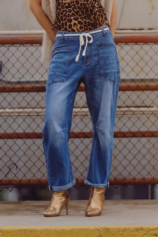 Q2 Blue Mid Wash ankle Wide Leg Jeans with Belt
