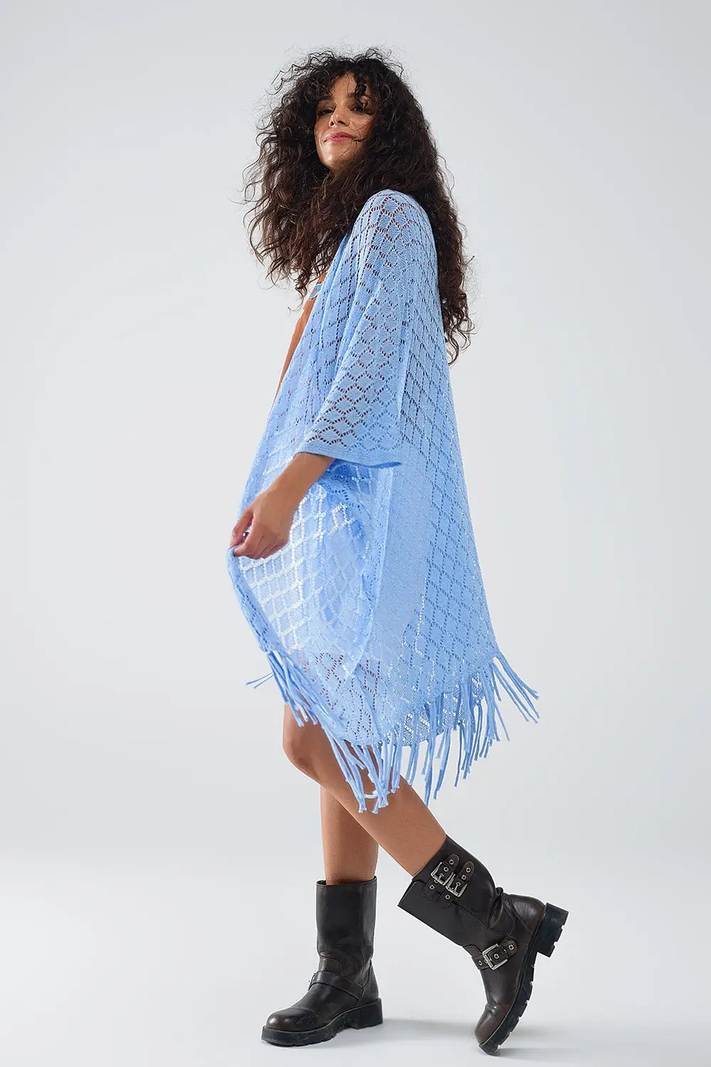 blue Open Cardigan With Fringe Ends and 3/4 sleeves - One Size / Blue - Sweaters
