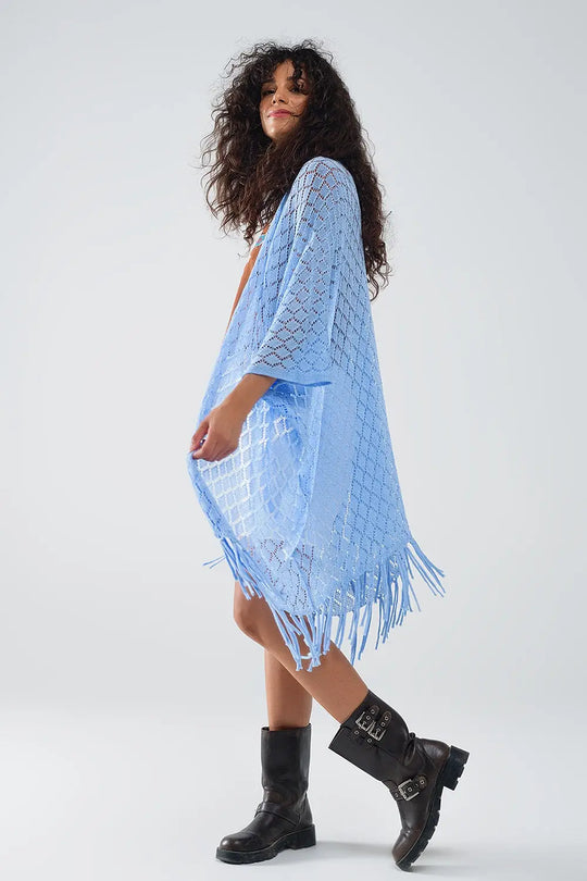 blue Open Cardigan With Fringe Ends and 3/4 sleeves - One Size / Blue - Sweaters