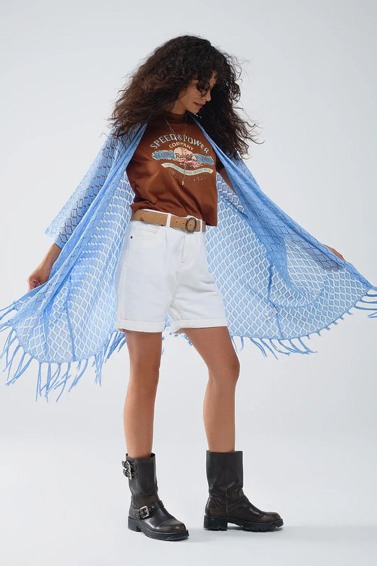 blue Open Cardigan With Fringe Ends and 3/4 sleeves - One Size / Blue - Sweaters