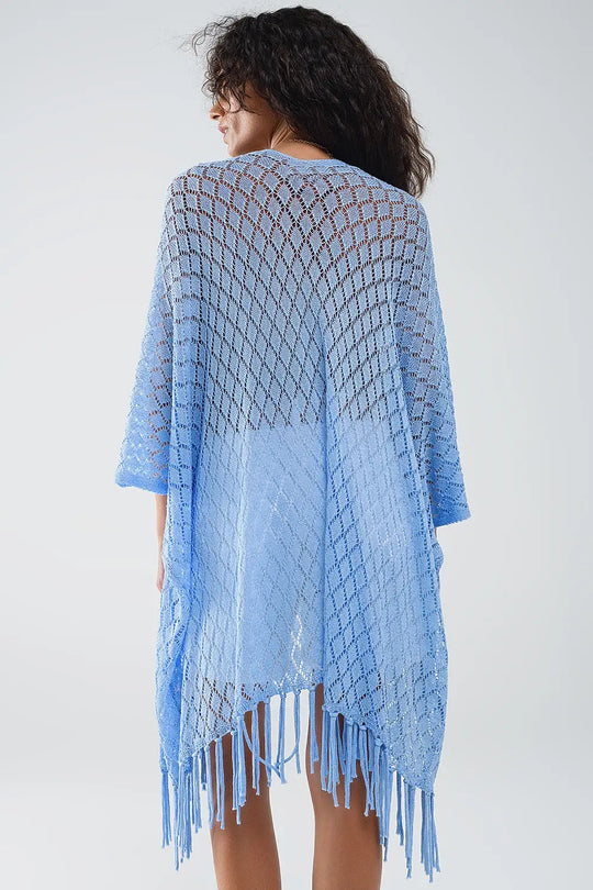 blue Open Cardigan With Fringe Ends and 3/4 sleeves - One Size / Blue - Sweaters