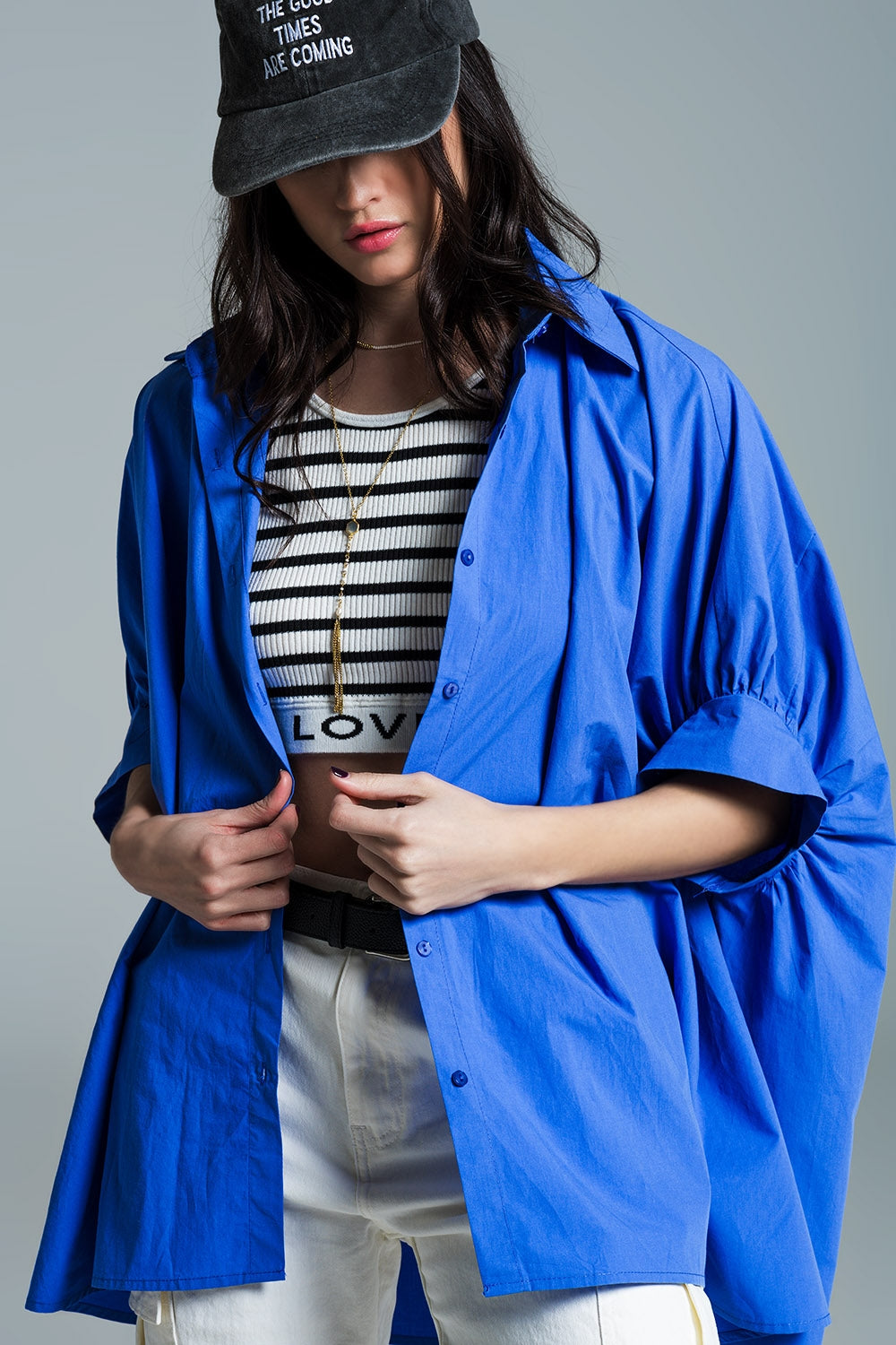 Blue  oversized blouse with short sleeves