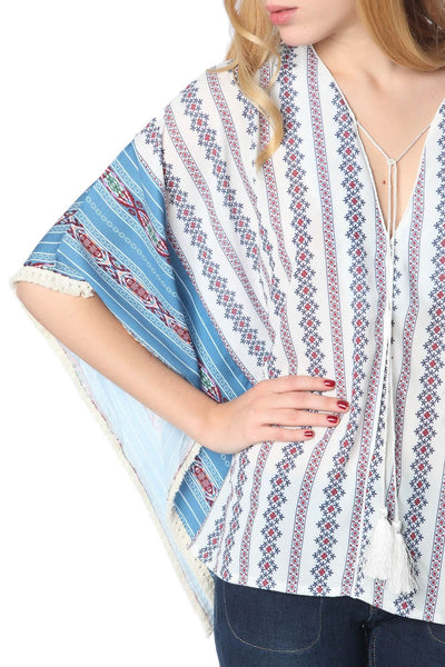 Blue oversized poncho top in tribe print