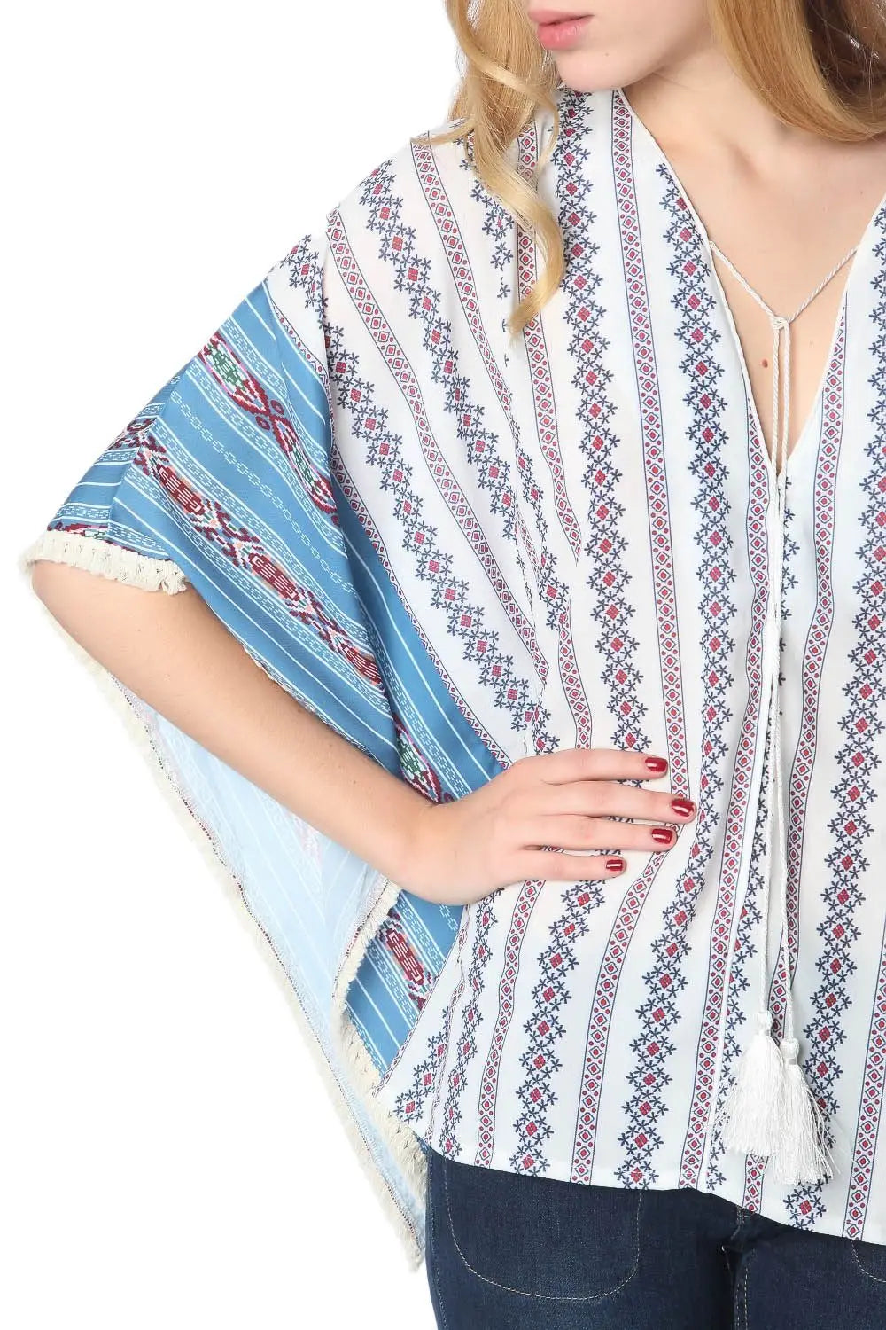 Blue oversized poncho top in tribe print - One Size / Blue - Coats and Jackets