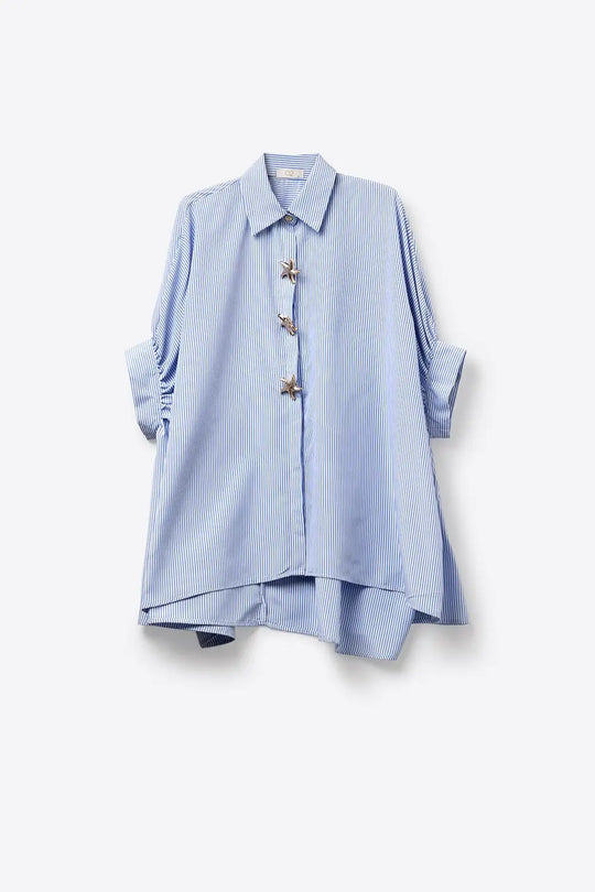Blue Oversized Striped Poplin Shirt with Starfish Buttons - Shirts