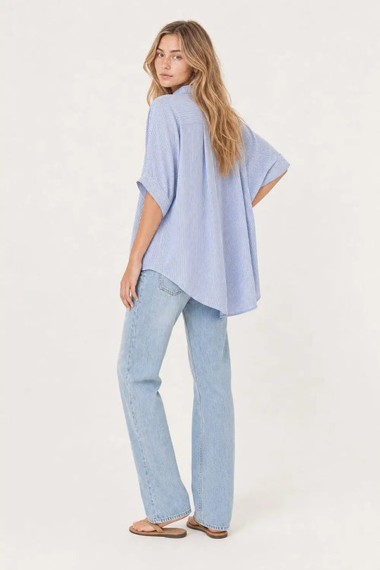 Blue Oversized Striped Poplin Shirt with Starfish Buttons - Shirts