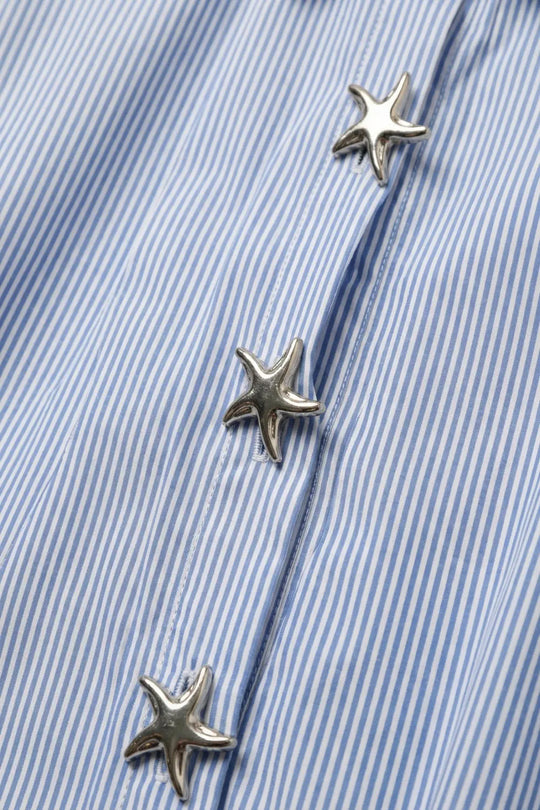 Blue Oversized Striped Poplin Shirt with Starfish Buttons - Shirts