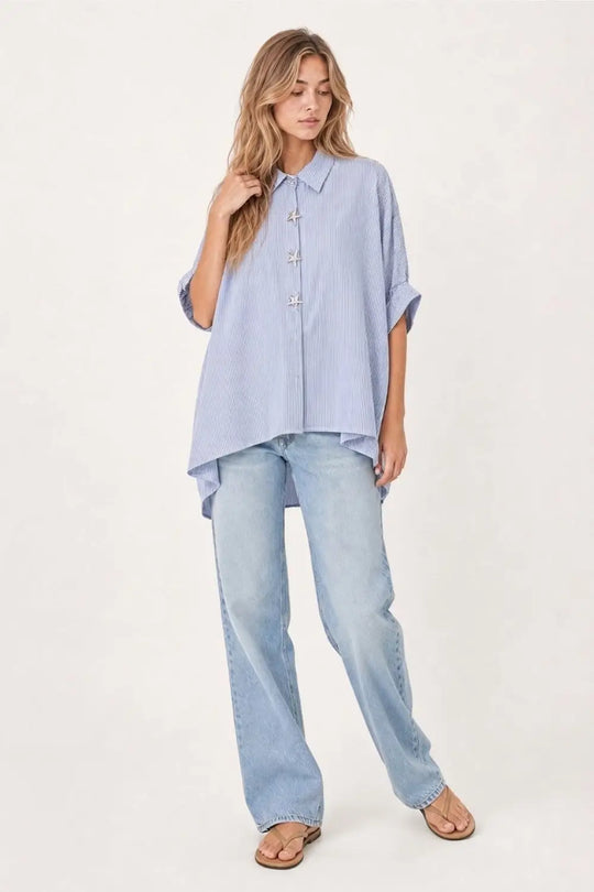 Blue Oversized Striped Poplin Shirt with Starfish Buttons - Shirts