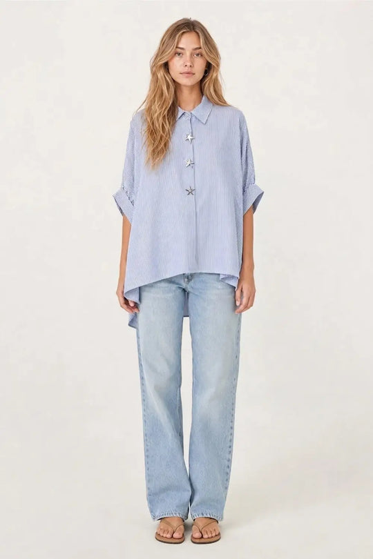 Q2 Blue Oversized Striped Poplin Shirt with Starfish Buttons