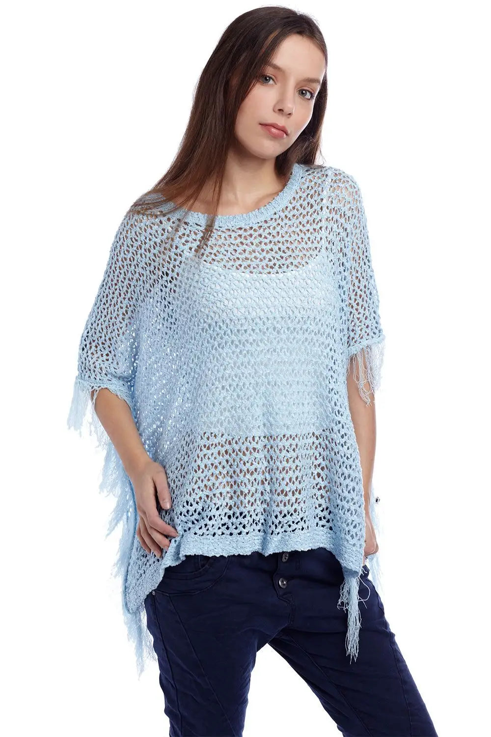 Blue poncho cape with fringing - One Size / Blue - Sweaters