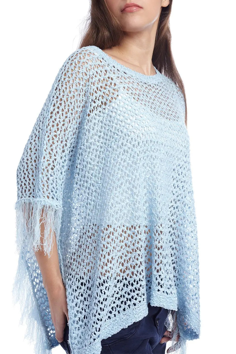 Blue poncho cape with fringing - One Size / Blue - Sweaters