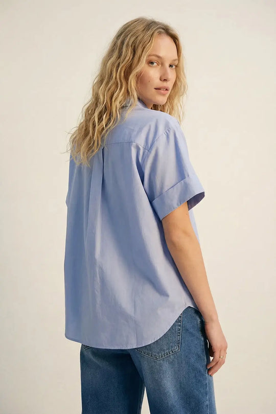 blue poplin Short-Sleeve Kimono Shirt with silver buttons - One Size / Blue - Shirts