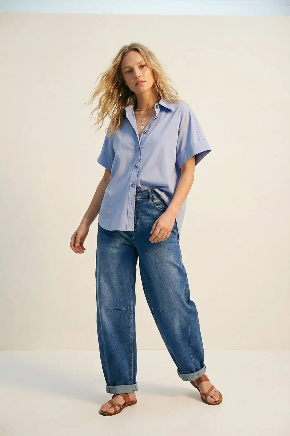 blue poplin Short-Sleeve Kimono Shirt with silver buttons - One Size / Blue - Shirts