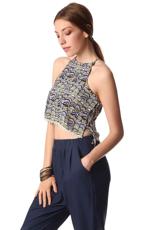 Blue printed crop top with lace up side detail - Shirts