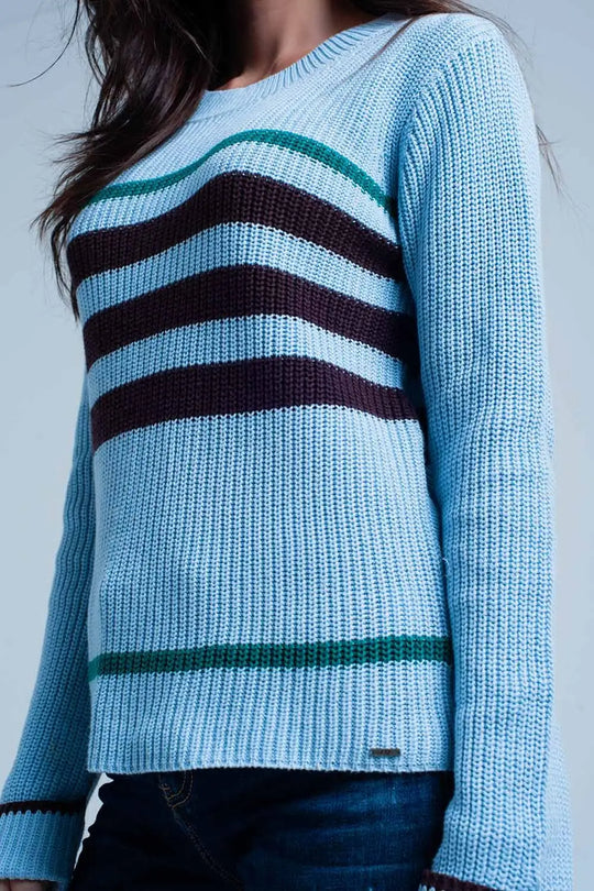 Blue Rib Stitch Sweater with Stripes - Sweaters
