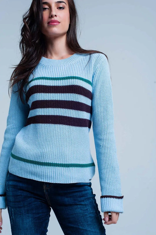 Blue Rib Stitch Sweater with Stripes - Sweaters