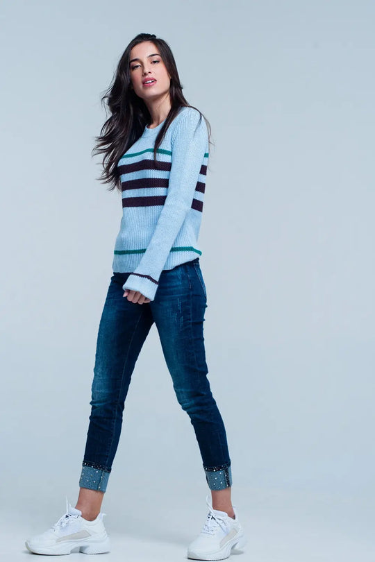 Blue Rib Stitch Sweater with Stripes - Sweaters