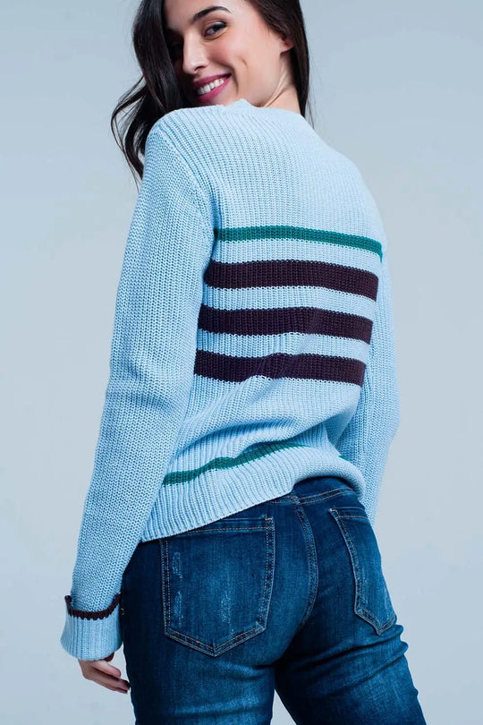 Blue Rib Stitch Sweater with Stripes - Sweaters