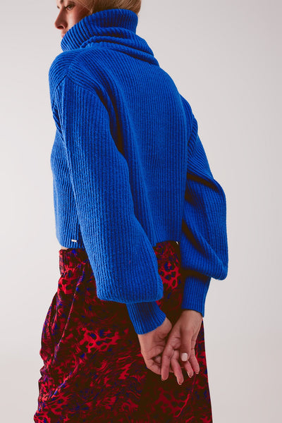 Blue ribbed knit turtleneck jumper with balloon sleeves