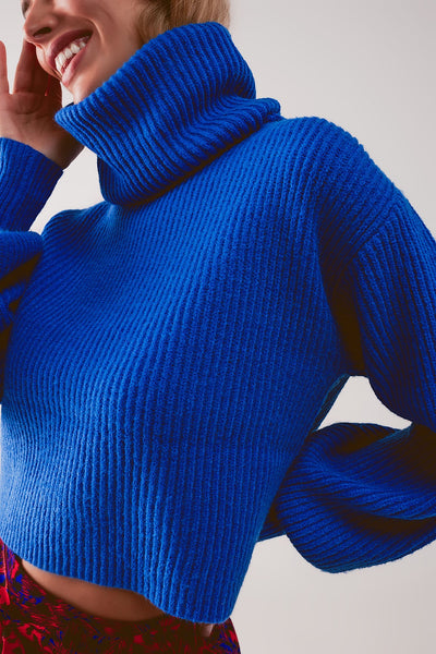 Blue ribbed knit turtleneck jumper with balloon sleeves