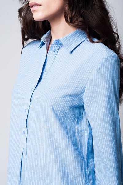 Blue shirt dress with tie front detail in fine stripe