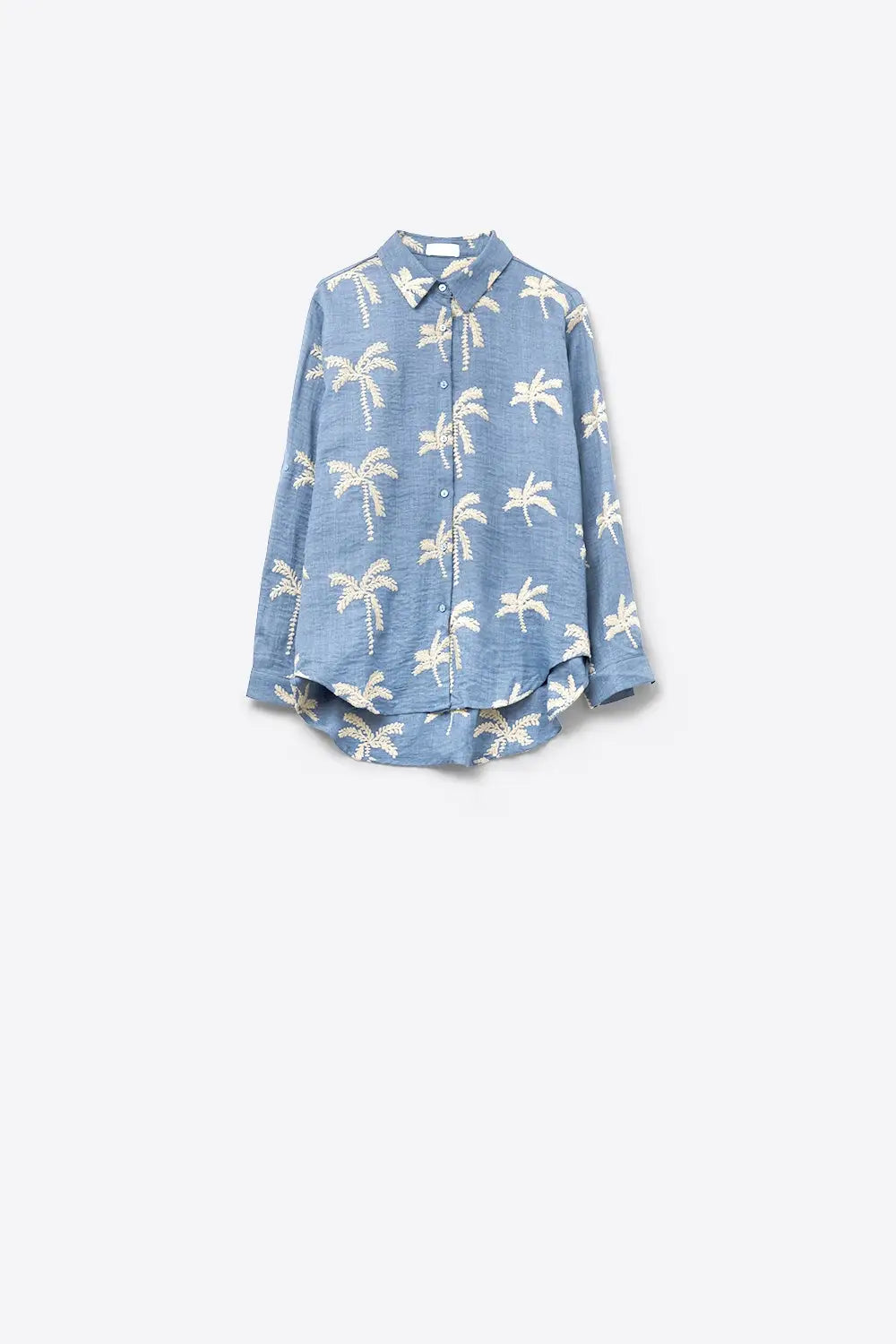 Blue Shirt with beige Palm Tree Embroidery - Shirts