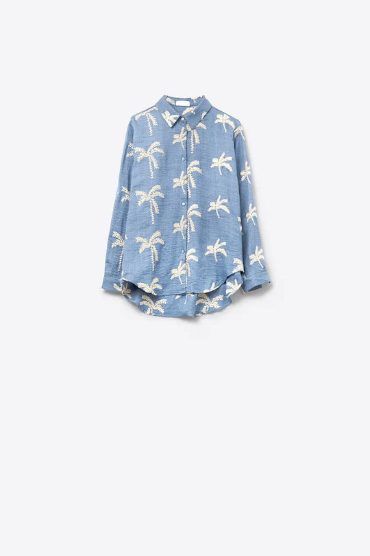 Blue Shirt with beige Palm Tree Embroidery - Shirts