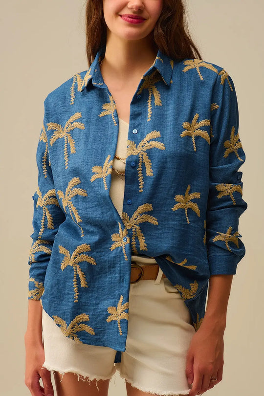 Blue Shirt with beige Palm Tree Embroidery - Shirts