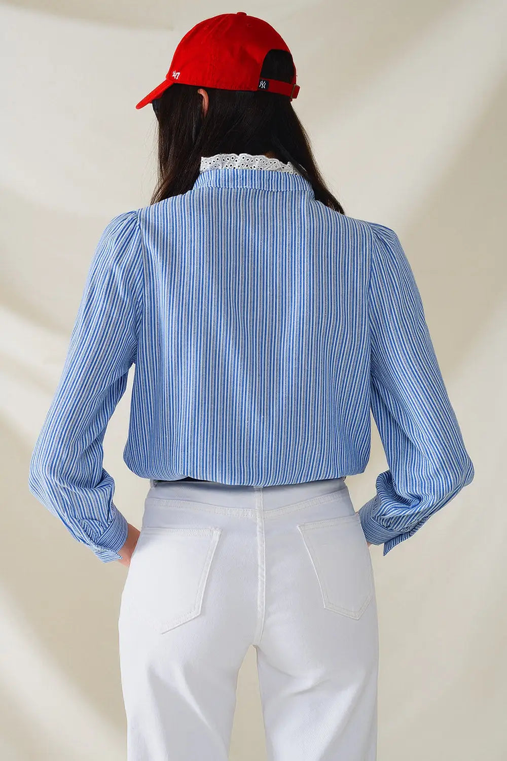 Blue Shirt With Vertical White stripes With Lace Detail - Shirts