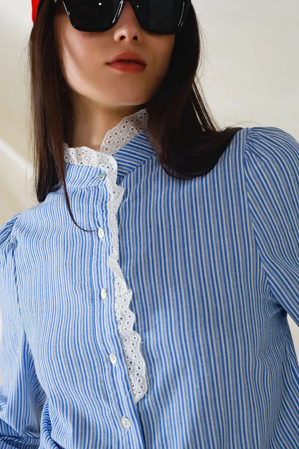 Blue Shirt With Vertical White stripes With Lace Detail - Shirts
