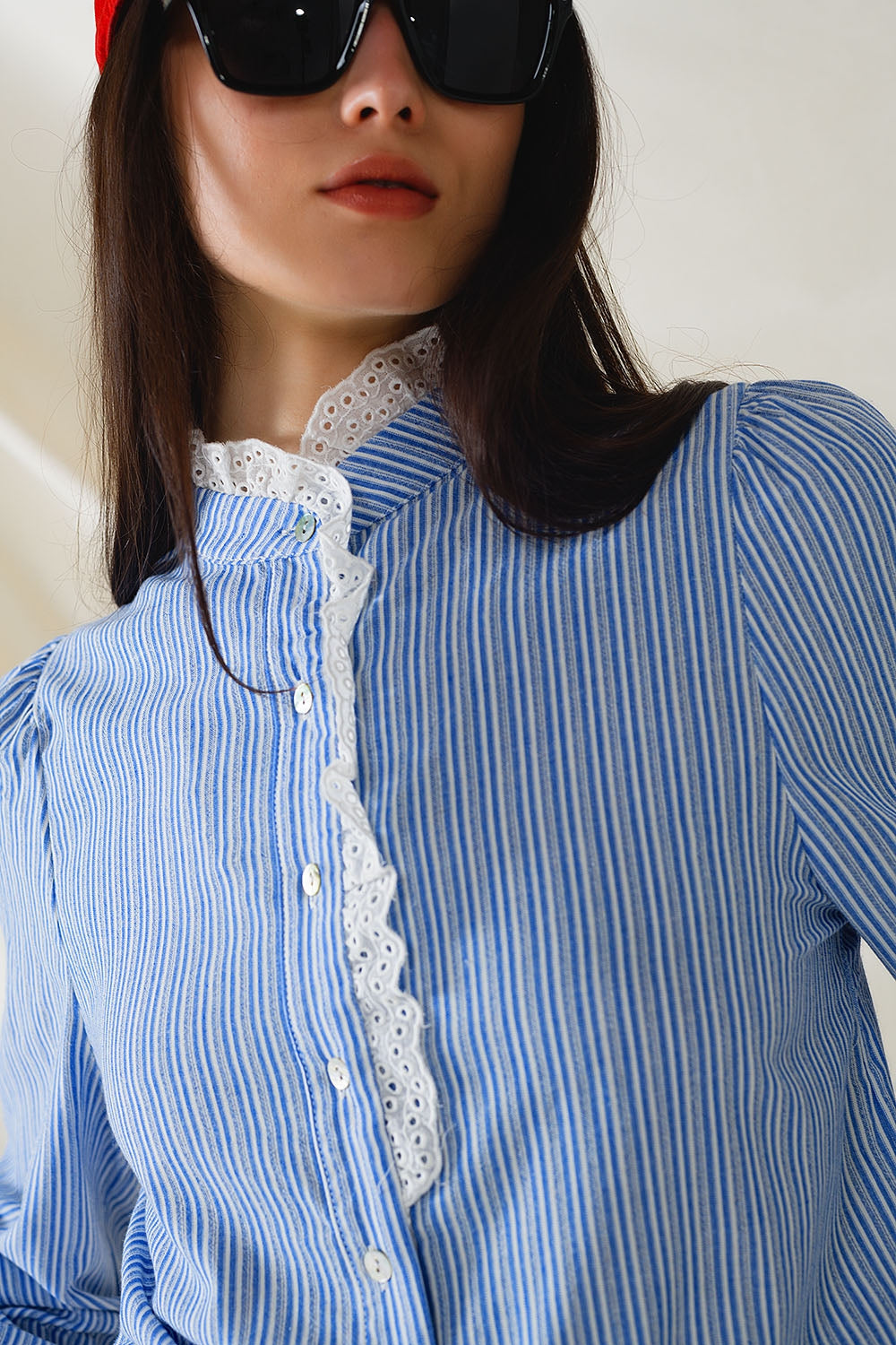 Blue Shirt With Vertical White stripes With Lace Detail