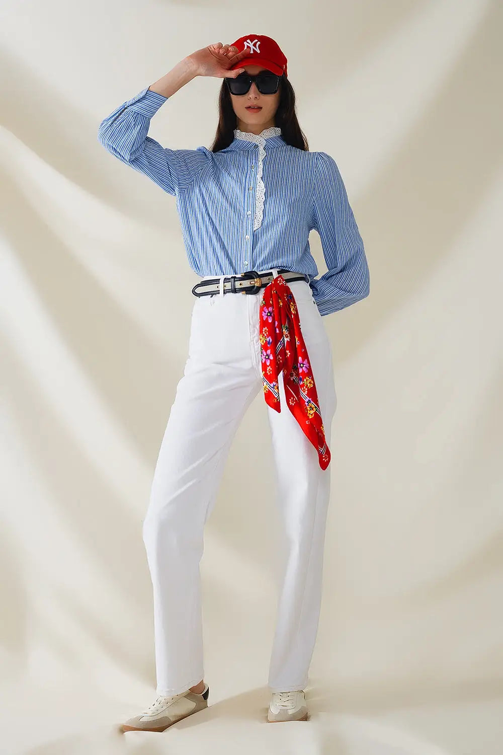 Blue Shirt With Vertical White stripes With Lace Detail - Shirts